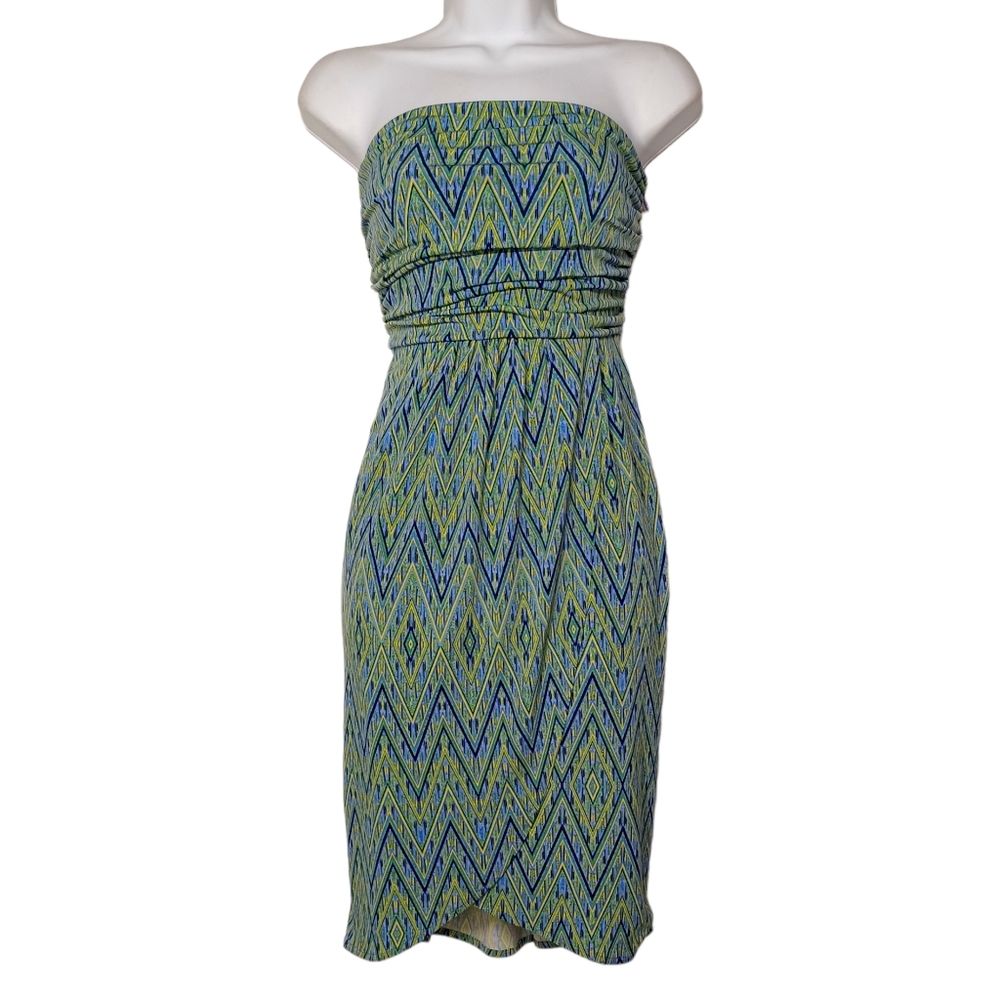 JENNIFER LOPEZ Purple Green Yellow Blue Chevron Stripe Print Strapless Dress M